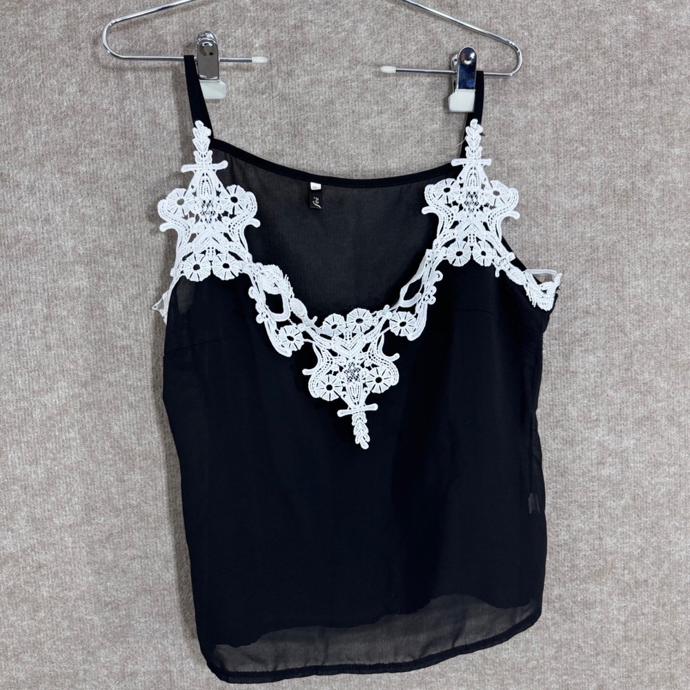 Fei Cami Tank Top Women XXL Black White Lace Trim Sheer Chiffon Coquette